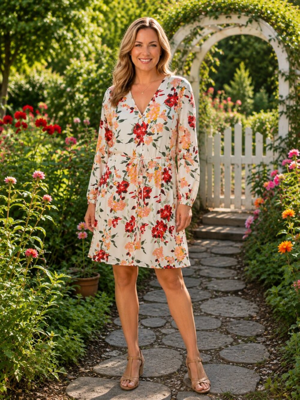 HONEY PUNCH Long Slve V-Neck Cream w/Orange & Yellow Florals Mini Dress L